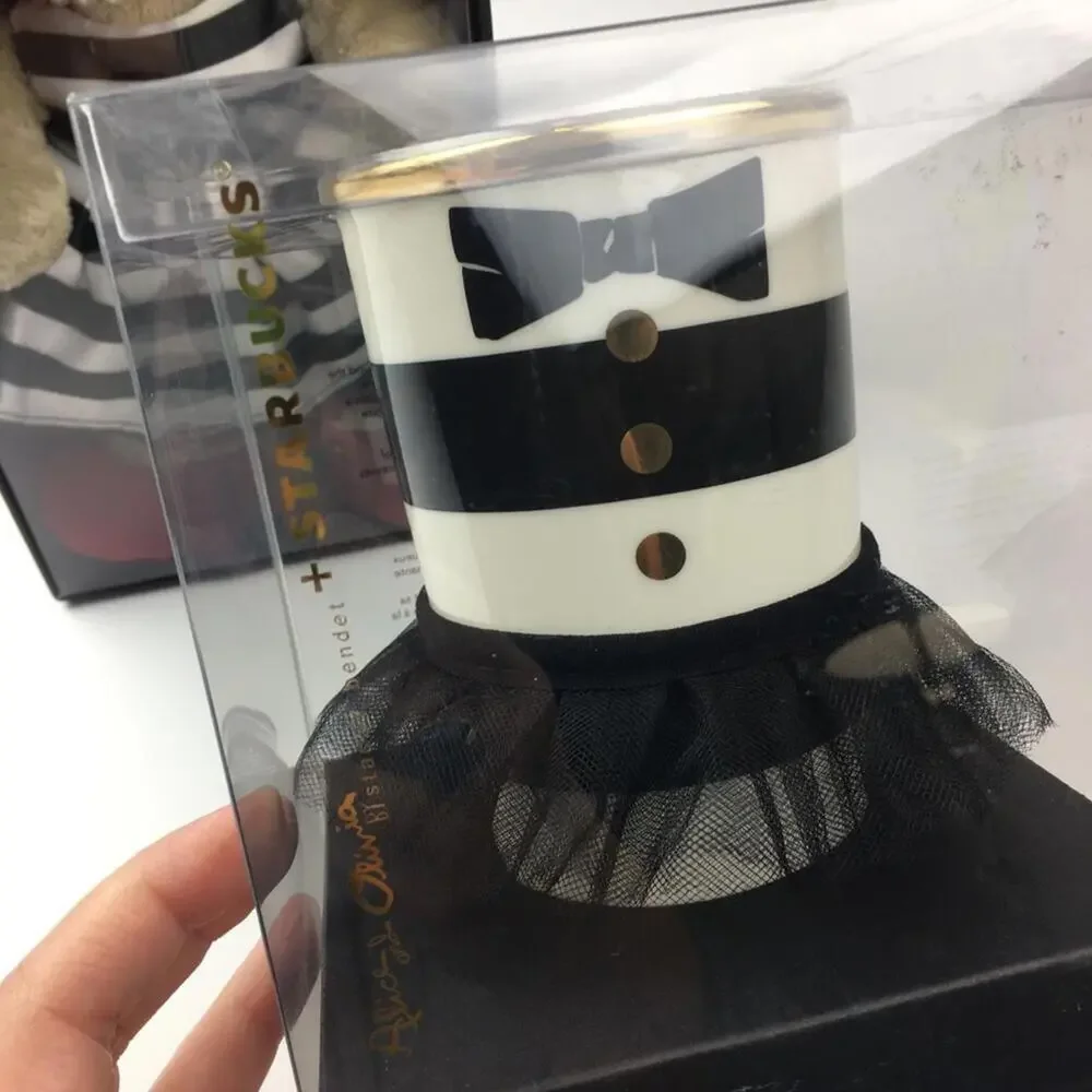 🆕 NEW Alice + Olivia x Starbucks Black White Stripe Ceramic Tumbler Teddy Bear